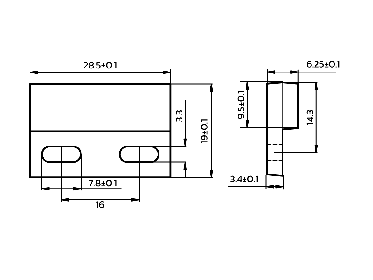Technical drawing of a rectangular mechanical part for the M21P/2 Series Magnet, featuring detailed linear dimensions, holes, and cutouts in front and side views. Key measurements and tolerances are labeled in millimeters. by Standex Detect