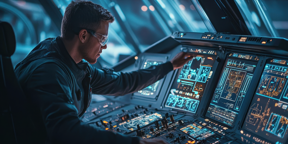 A man wearing glasses operates a futuristic control panel with multiple illuminated screens and buttons, displaying complex data on systems like a Pre-Charge Circuit in a high-tech, blue-lit environment. by Standex Detect