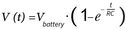 Equation showing voltage across a capacitor in a Pre-Charge Circuit: V(t) = V_battery × [1 – exp(–t / RC)], where t is time, R is resistance, and C is capacitance. by Standex Detect
