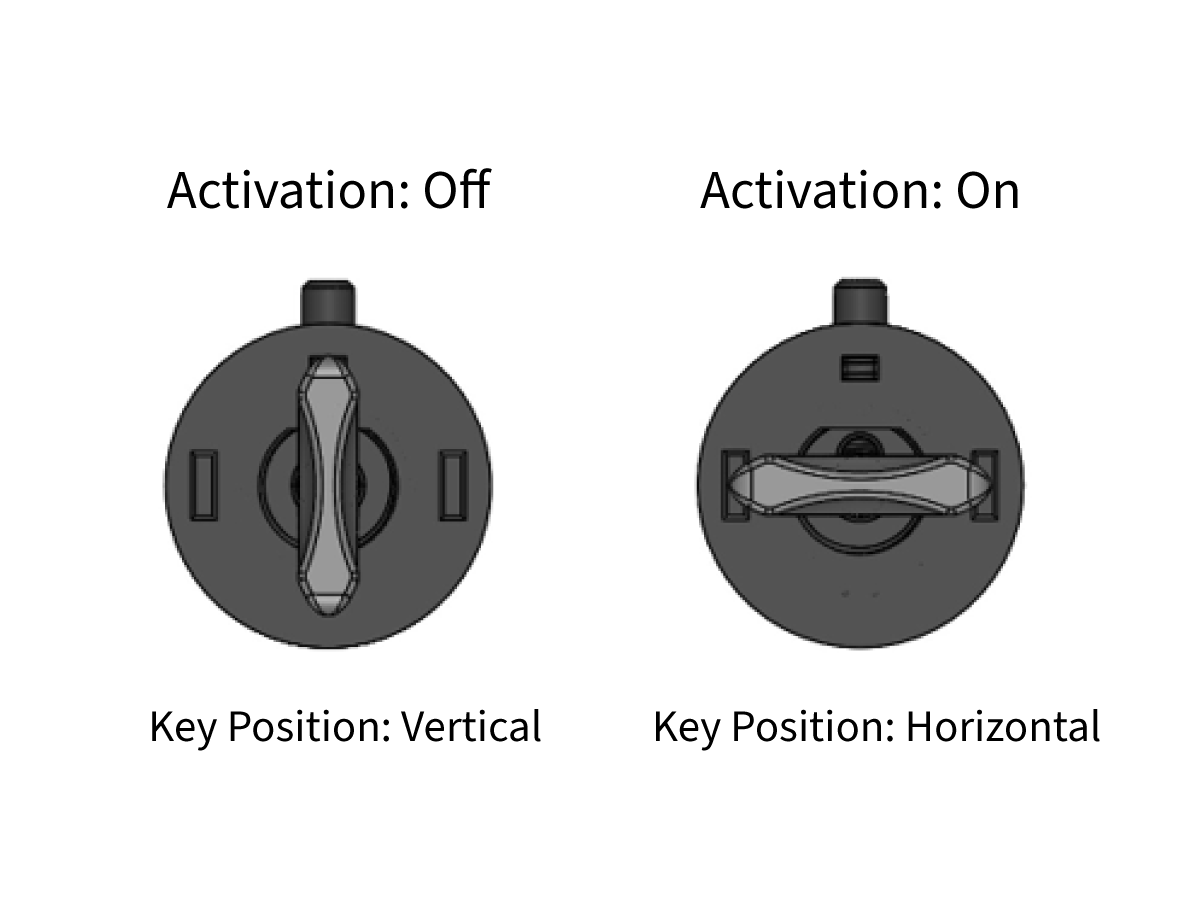 Two circular KS01 Series key switches shown from above: left labeled Activation: Off with the key vertical, right labeled Activation: On with the key horizontal—ideal for use with a reed sensor system. by Standex Detect