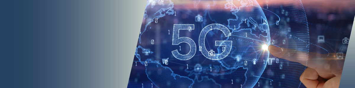 A digital illustration of a world map with the text 5G in the center. A finger touches a glowing point on the map, surrounded by technology and Pre-Charge Circuits icons, symbolizing global 5G connectivity. by Standex Detect