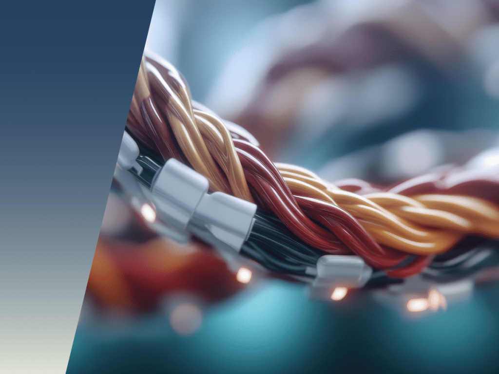 A close-up of several multicolored, twisted wires bound with white clips—some glowing softly—set against a blue gradient background. The arrangement evokes the precision and organization essential for reliable cable testers. by Standex Detect