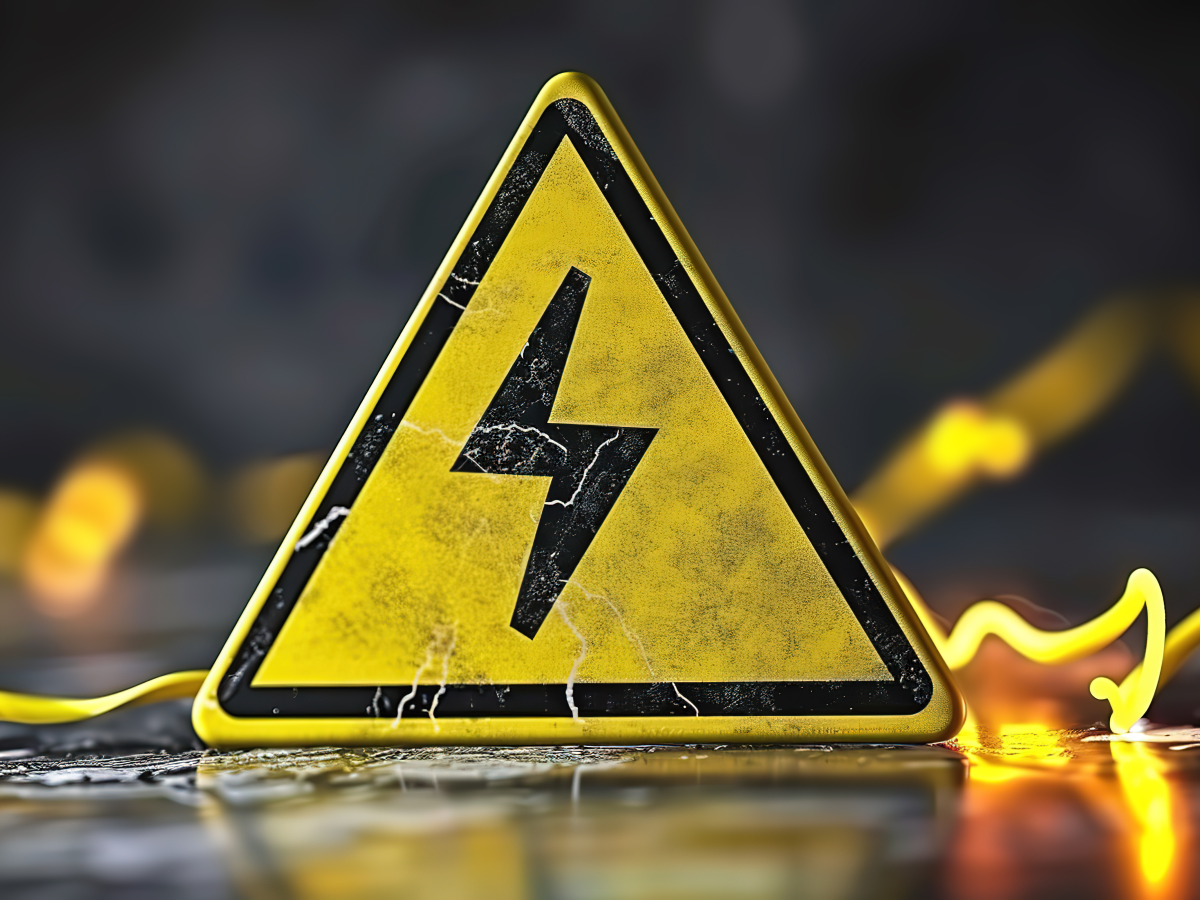 A worn yellow triangular warning sign with a black lightning bolt symbol, indicating electrical hazard, sits on a reflective surface alongside yellow wires and Cable Testers in the background. by Standex Detect