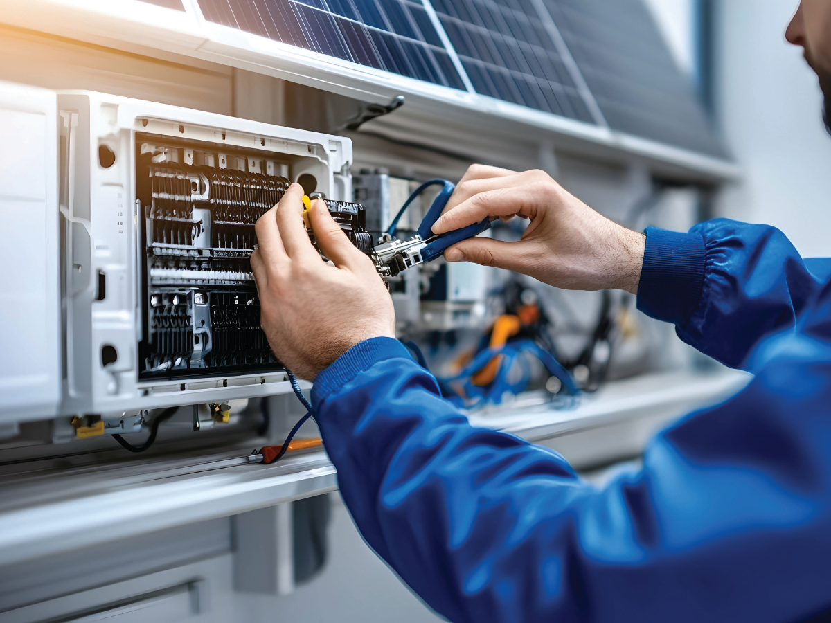A technician in a blue uniform works on the wiring inside an electrical control panel, performing insulation measurement, with solar panels visible above, indicating solar power system maintenance or installation. by Standex Detect