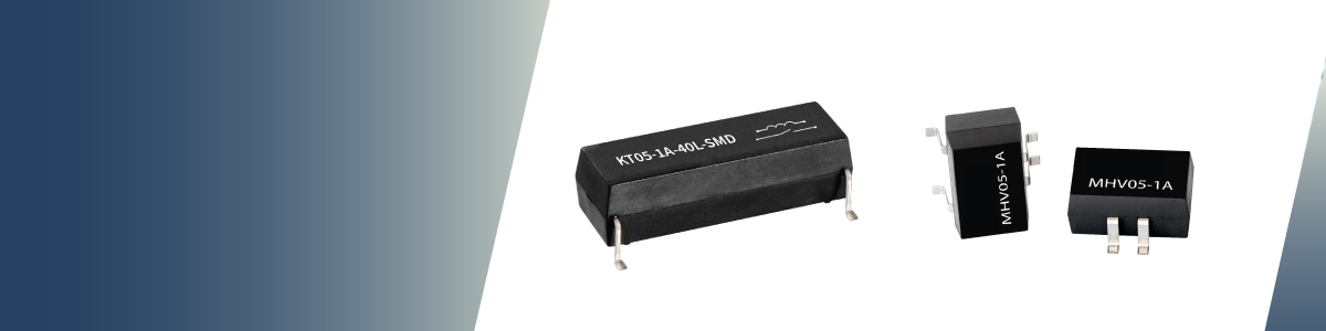 Three black electronic components with silver pins are displayed on a white and blue gradient background; they are rectangular in shape and labeled “KTR05-1A-4R-SMD” and “MHV05-1A,” ideal for reliable insulation measurement applications. by Standex Detect