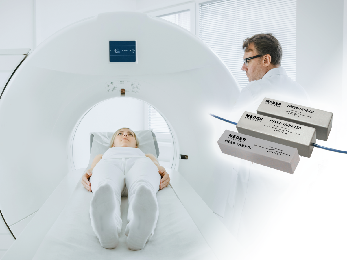 A doctor stands beside a patient lying on a CT scanner bed, preparing for a scan. Three close-up images of electronic components, highlighting insulation measurement techniques, are superimposed on the right side of the image. by Standex Detect