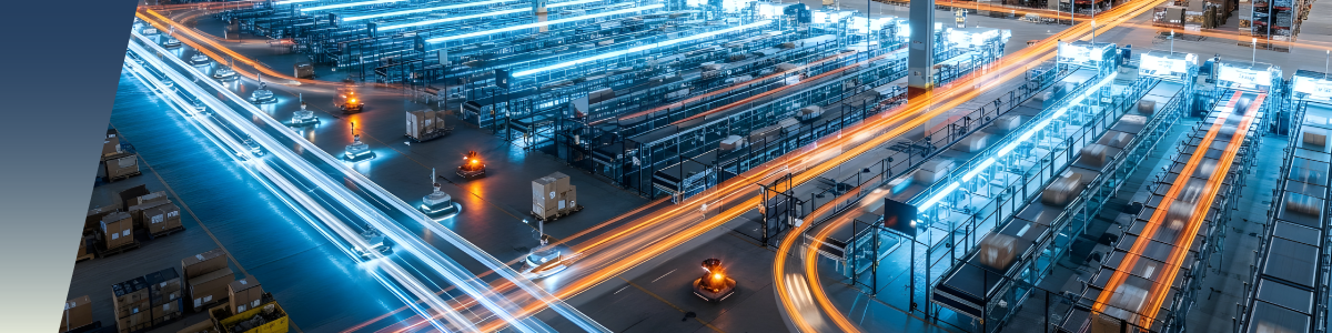 A large warehouse with automated robots, powered by sensing technologies driving industry, transporting packages along aisles and leaving glowing blue and orange light trails that highlight their movement around rows of stacked goods. by Standex Detect
