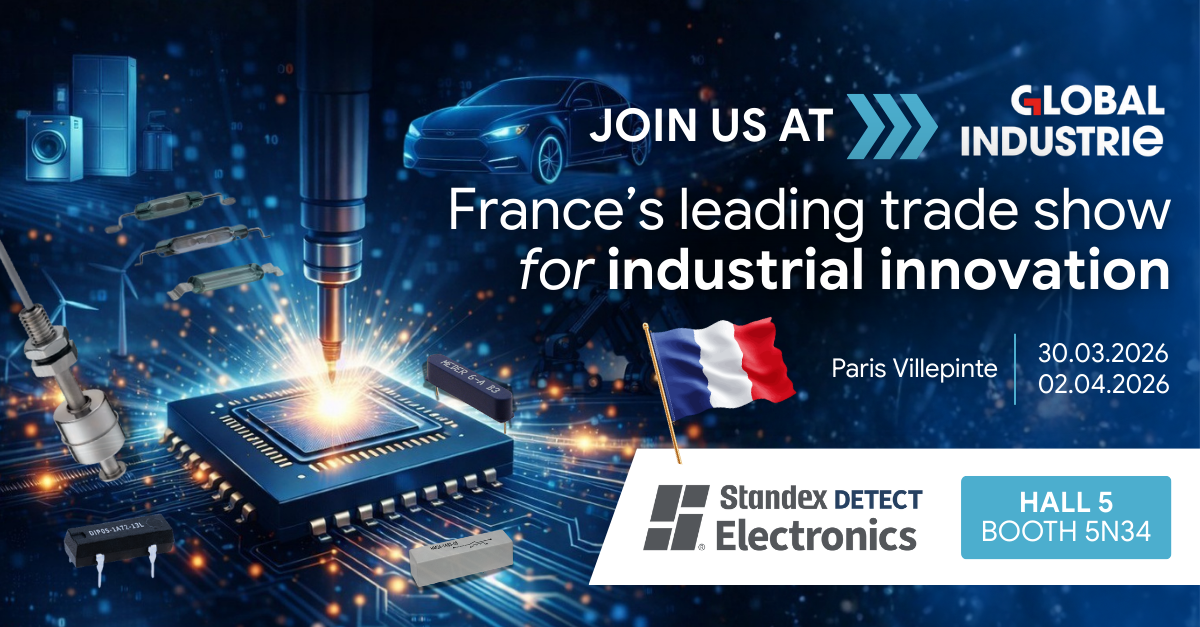 Banner for Global Industrie trade show with a robotic arm assembling a microchip, French flag, electronics images, and event details: Paris Villepinte, March 30-April 2, 2026. Standex Electronics, Hall 5 Booth 5N34. CONEXPO-CON/AGG inspired. by Standex Detect