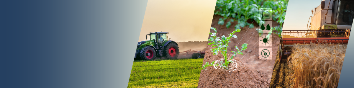 A collage showing a tractor on a field, a close-up of a plant with digital icons for smart farming, and a combine harvester in a wheat field at sunset—highlighting power efficiency with Reed Switch Technology. by Standex Detect