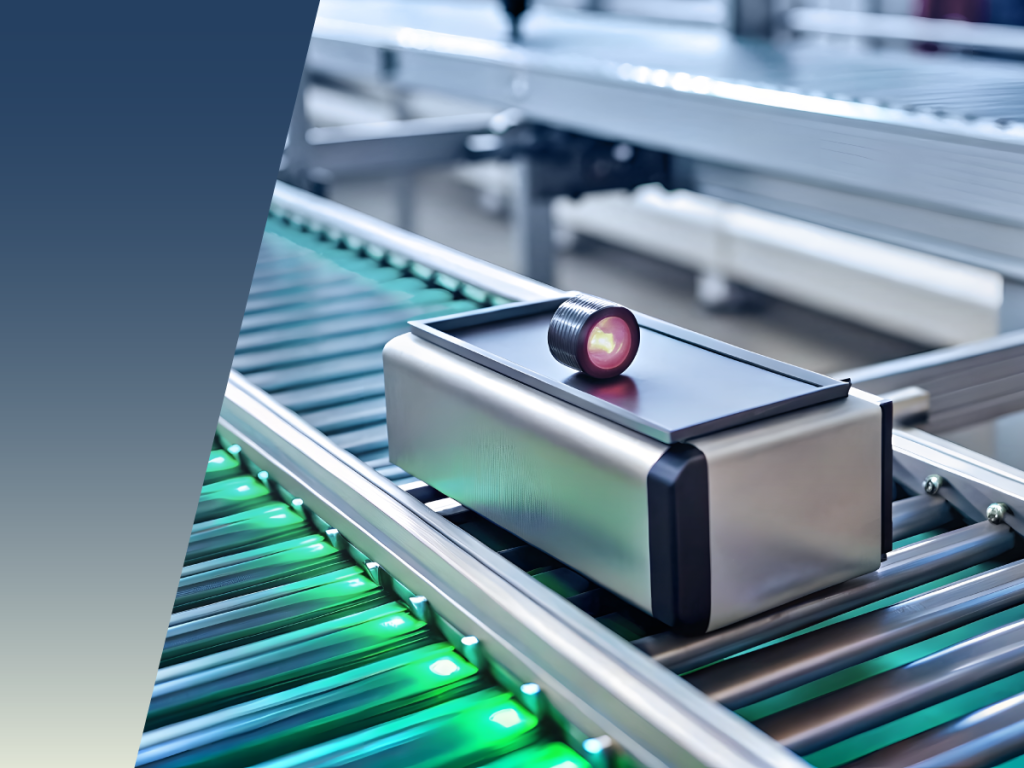 A rectangular metal device with a camera lens sits on a conveyor belt illuminated by green lights, demonstrating advanced data center sensor integration in an industrial or factory setting. by Standex Detect