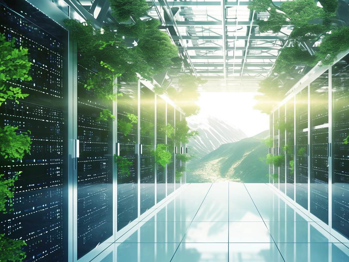 A modern data center corridor with server racks and lush green plants, featuring data center sensor integration, sunlight streaming through a glass ceiling, and a scenic mountain landscape visible outside. by Standex Detect