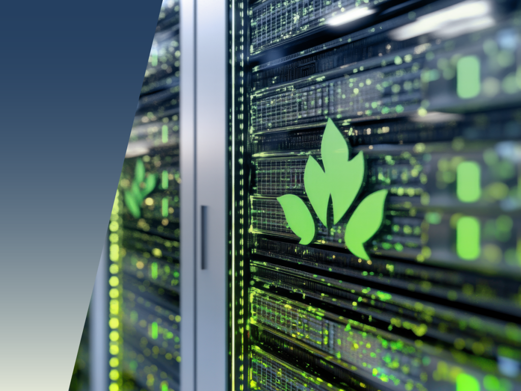 A close-up of server racks with green LED lights and a green leaf symbol highlights eco-friendly, energy-efficient technology with advanced data center sensor integration in a modern data center. by Standex Detect