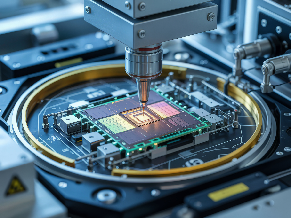 A close-up view of a machine placing microchips onto a silicon wafer in a high-tech semiconductor facility, with intricate circuits, precision tools, and High-Voltage Test equipment visible. by Standex Detect