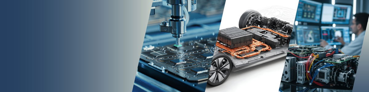 A collage showing a computer chip being manufactured, an electric vehicle chassis with visible battery and wiring, and a person conducting a High-Voltage Test while analyzing data on multiple screens beside a table with electronic equipment. by Standex Detect