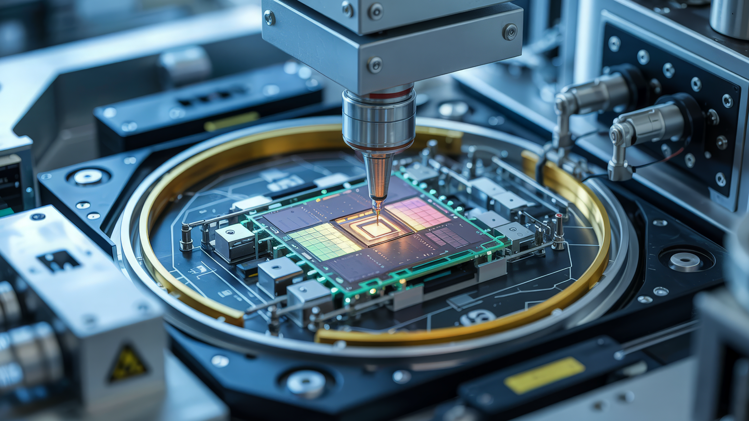 A close-up of a Standex Detect-enabled robotic machine precisely assembling or inspecting a computer microchip on a circuit board inside a high-tech manufacturing facility. by Standex Detect