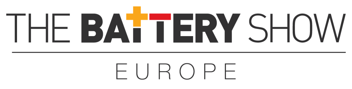 Logo der The Battery Show Europe, mit dem Wort BATTERY in stilisierten, fettgedruckten Buchstaben und einem Plus- und Minuszeichen, die als T verwendet werden, alles über einer Linie mit dem Wort EUROPE darunter. von Standex Detect