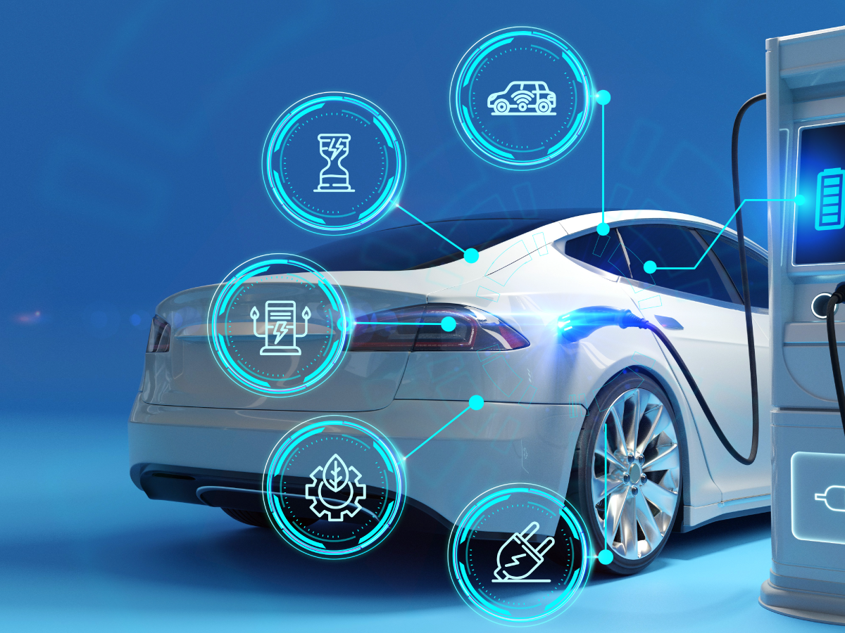A white electric car is charging at a station, with blue digital icons floating above it, representing eco-friendliness and efficiency. Reed relays for electric vehicle isolation measurement highlight advanced safety in the futuristic, blue-toned background. by Standex Detect