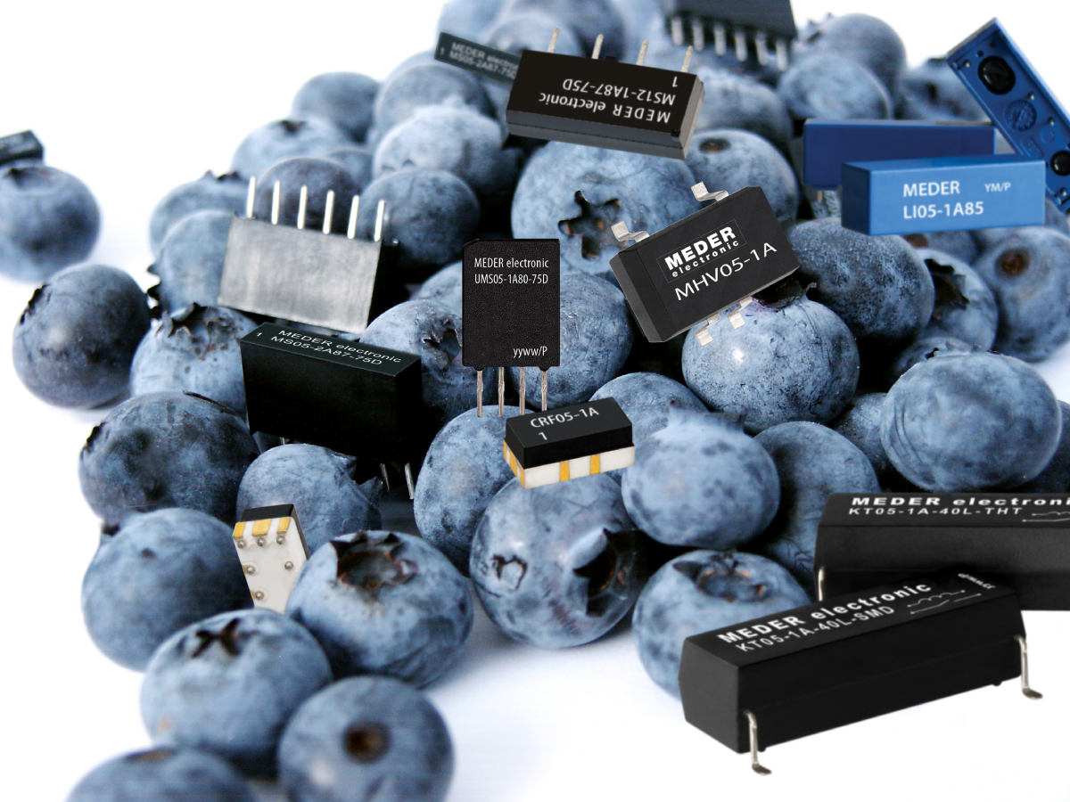 A pile of blueberries is interspersed with various black electronic components, including reed relays for electric vehicle isolation measurement, blending natural fruit with small technological parts. by Standex Detect