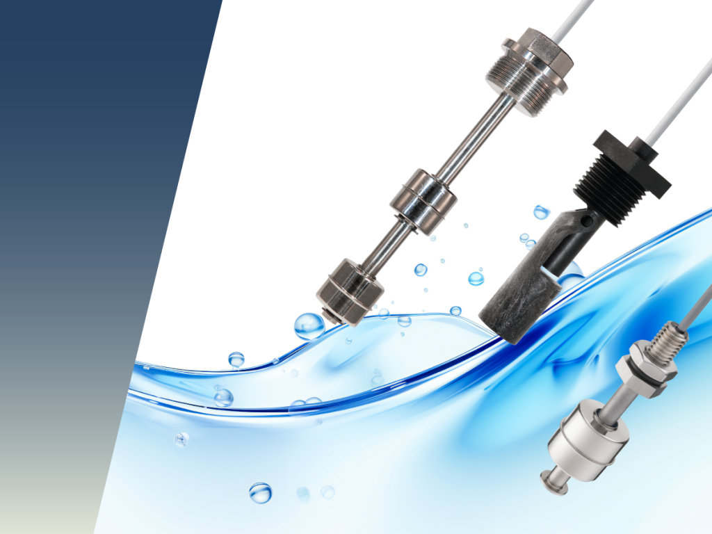 Three types of metallic and plastic energy efficient sensors for liquid level detection are shown above a stylized wave of water with droplets, set against a white and blue gradient background. by Standex Detect