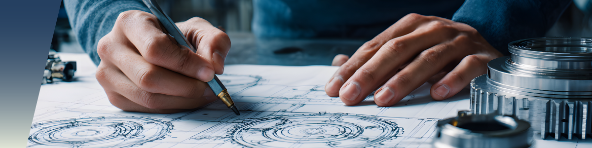 A person’s hands sketch detailed mechanical gears and parts, including liquid level sensors and floats, on technical blueprints at a worktable, surrounded by metal components and engineering tools. by Standex Detect