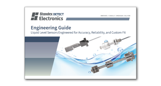 Cover of the Standex Electronics Engineering Guide featuring images of energy efficient liquid level sensors, the company logo, and the tagline Liquid Level Sensors Engineered for Accuracy, Reliability, and Custom Fit above a water-themed graphic. by Standex Detect