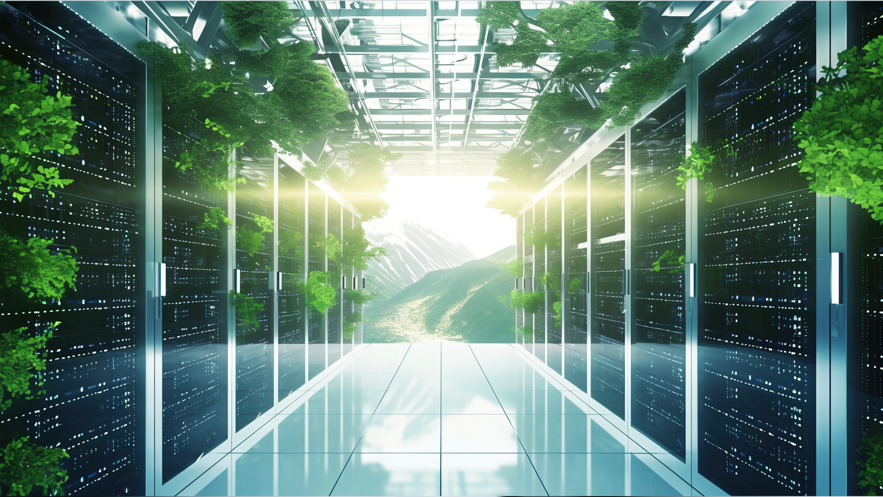 A futuristic data center corridor with server racks and green plants integrated into the walls and ceiling, enhanced by Standex Detect technology, sunlight streaming in, and a view of mountains and nature outside. by Standex Detect