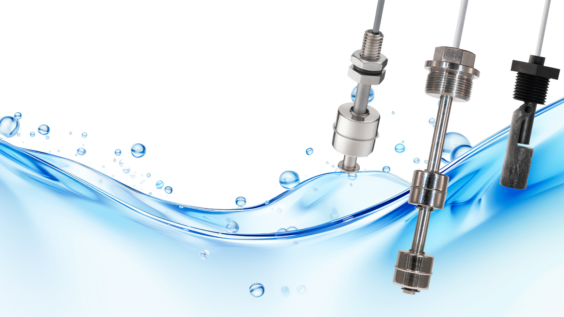 Four different Standex Detect metal and plastic liquid level sensors are suspended above a blue, wavy water surface with bubbles, against a white background. by Standex Detect