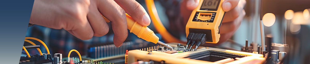 Close-up of hands using a soldering iron and a digital multimeter to work on a computer motherboard, with circuit components and wires visible—ideal for illustrating high-voltage reed relay applications in electronics repair. by Standex Detect