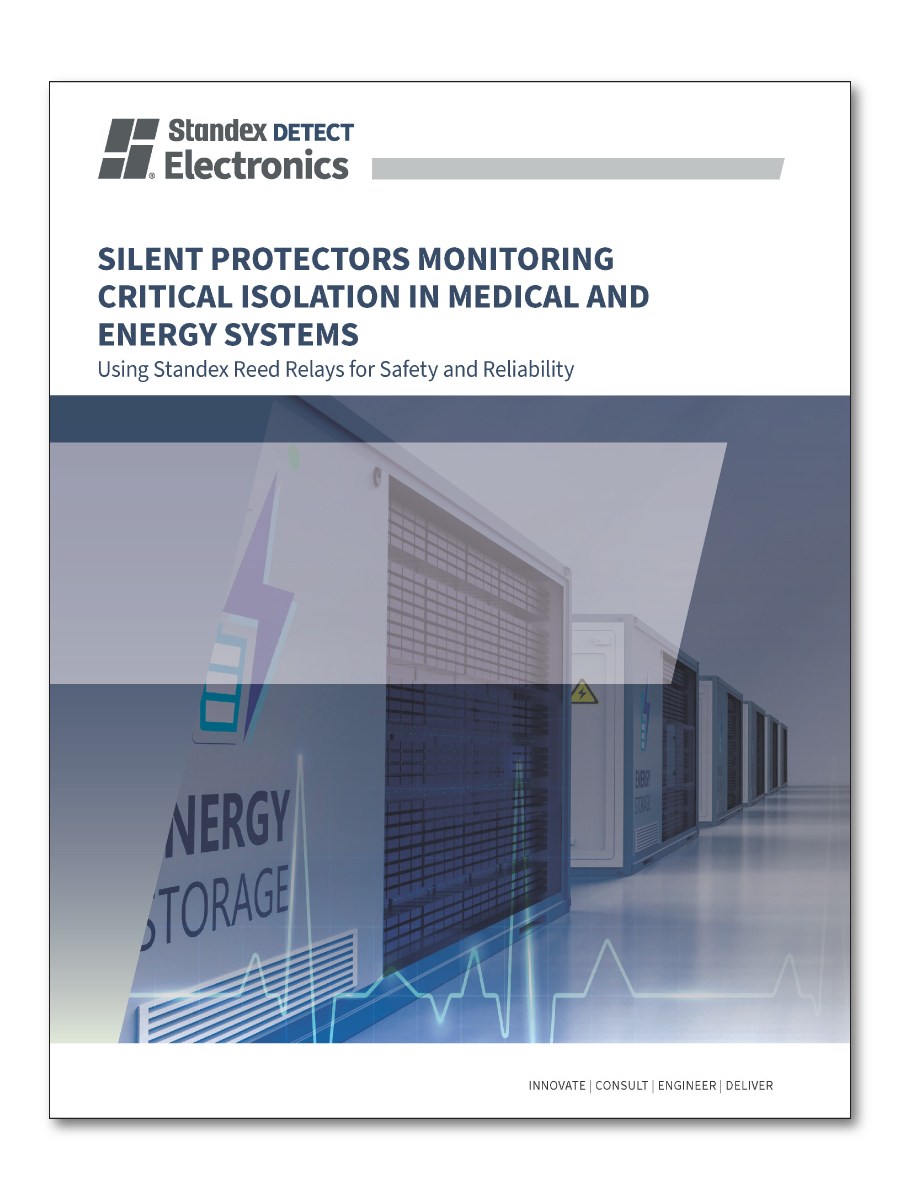 Cover page of a Standex Electronics brochure featuring server racks labeled Energy Storage in a modern, high-tech facility, with the title discussing high-voltage reed relay applications and critical isolation in medical and energy systems. by Standex Detect
