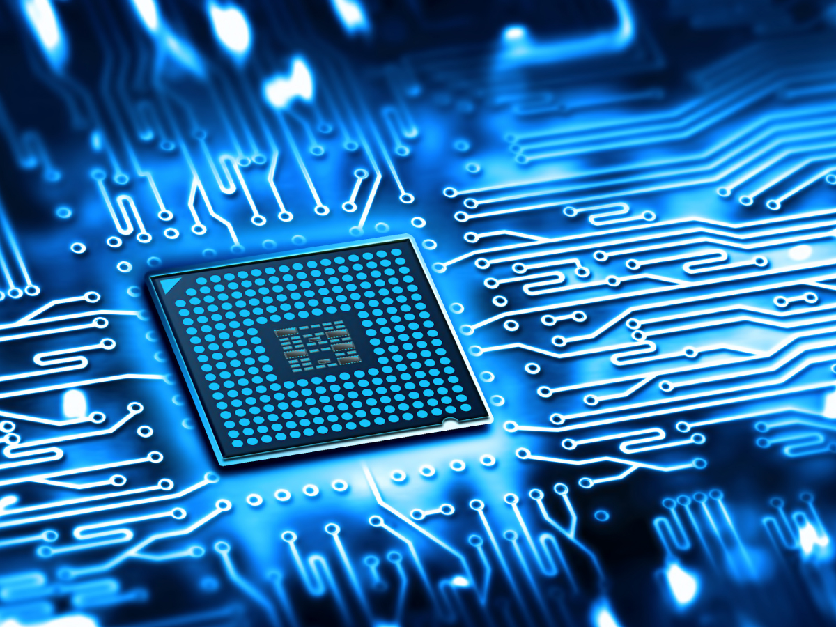 A close-up illustration of a microchip on a glowing blue circuit board, featuring detailed lines and connections representing data flow, digital technology, and high-voltage reed relay applications. by Standex Detect