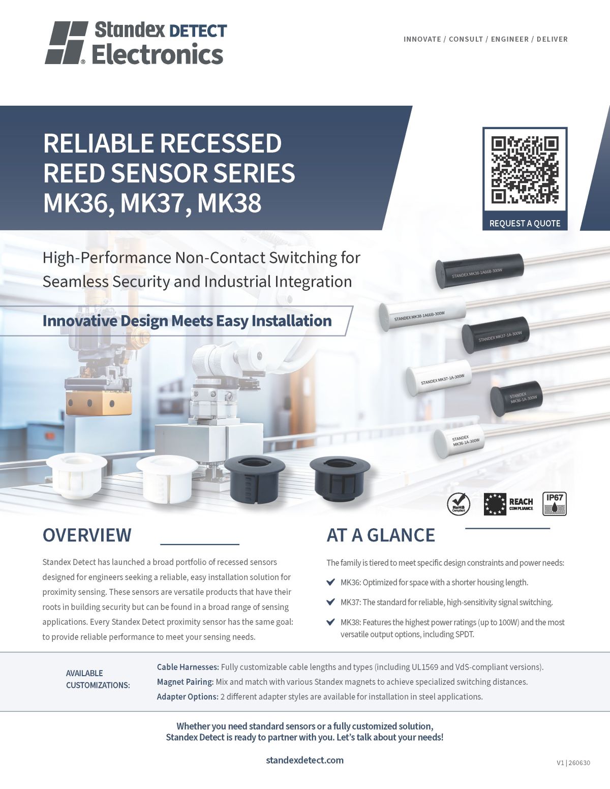 Flyer for Standex Electronics’ MK36 series reed sensor, featuring colorful sensors, a robotic arm, and text highlighting precision sensing for motion systems, key features, diverse applications, and contact information. by Standex Detect