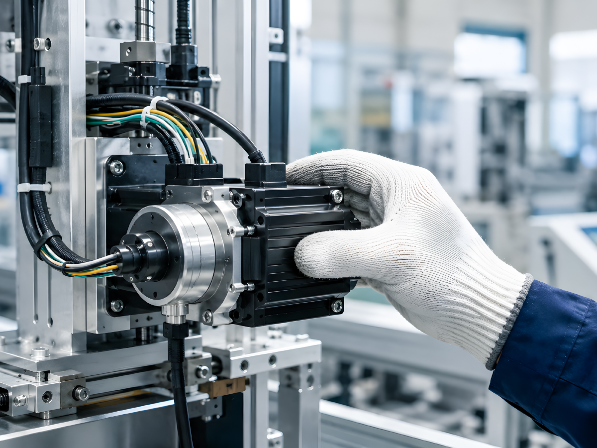 A gloved hand adjusts or installs an electric motor with attached wires on industrial machinery in a factory setting, ensuring proper management of inrush current. by Standex Detect