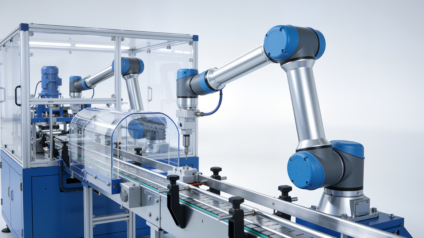 A robotic arm with blue and silver components operates on a modern assembly line, using Standex Detect sensors to handle items on a conveyor belt inside a clean, high-tech industrial environment. by Standex Detect
