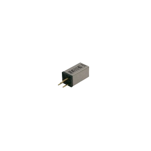 A small rectangular electronic component with two gold pins extending from one end, and black and silver casing with alphanumeric markings on the top surface, shown against a white background. by Standex Detect
