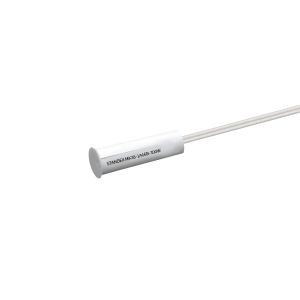 A mk38 series reed sensor, featuring a white cylindrical body attached to a thin, straight, transparent rod, is shown against a plain white background. by Standex Detect