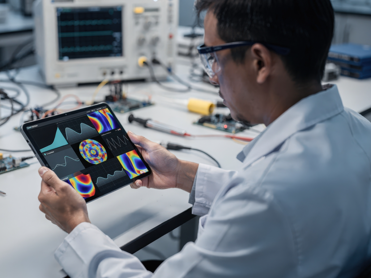 A researcher in a lab coat examines colorful scientific data and waveforms on a tablet, with electronic equipment and high-density switching circuit boards on the workbench in the background. by Standex Detect