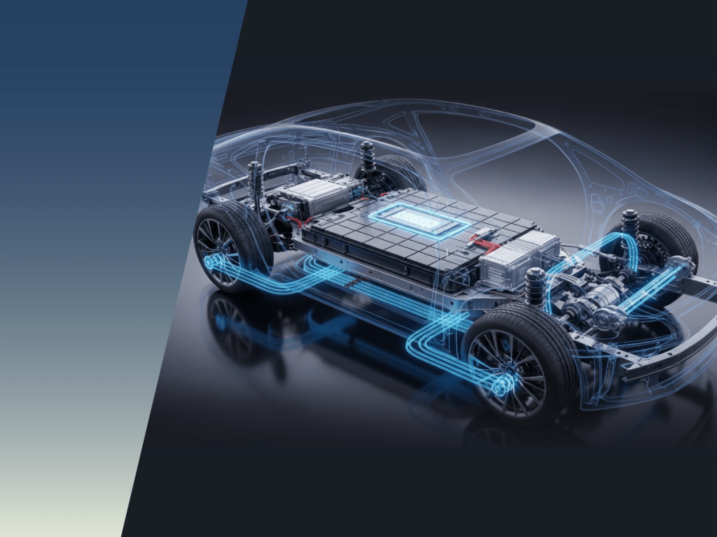 A 3D digital illustration of an electric vehicle chassis. The transparent wireframe outline of a car body surrounds a high-voltage battery pack, motor components, and integrated EV sensing systems, highlighted by glowing blue lines indicating energy flow to the wheels. by Standex Detect