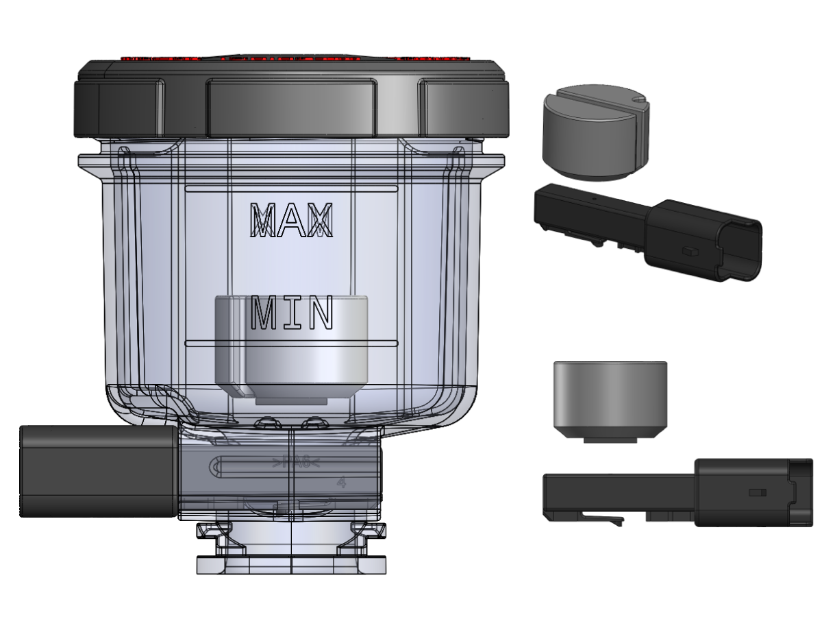 Technical drawing of a transparent fluid reservoir with MAX and MIN fill lines, designed for integration with EV sensing systems. The illustration showcases various angles and close-up views of its cap and connector components, highlighting features essential for precise fluid level monitoring in advanced electric vehicle applications. by Standex Detect