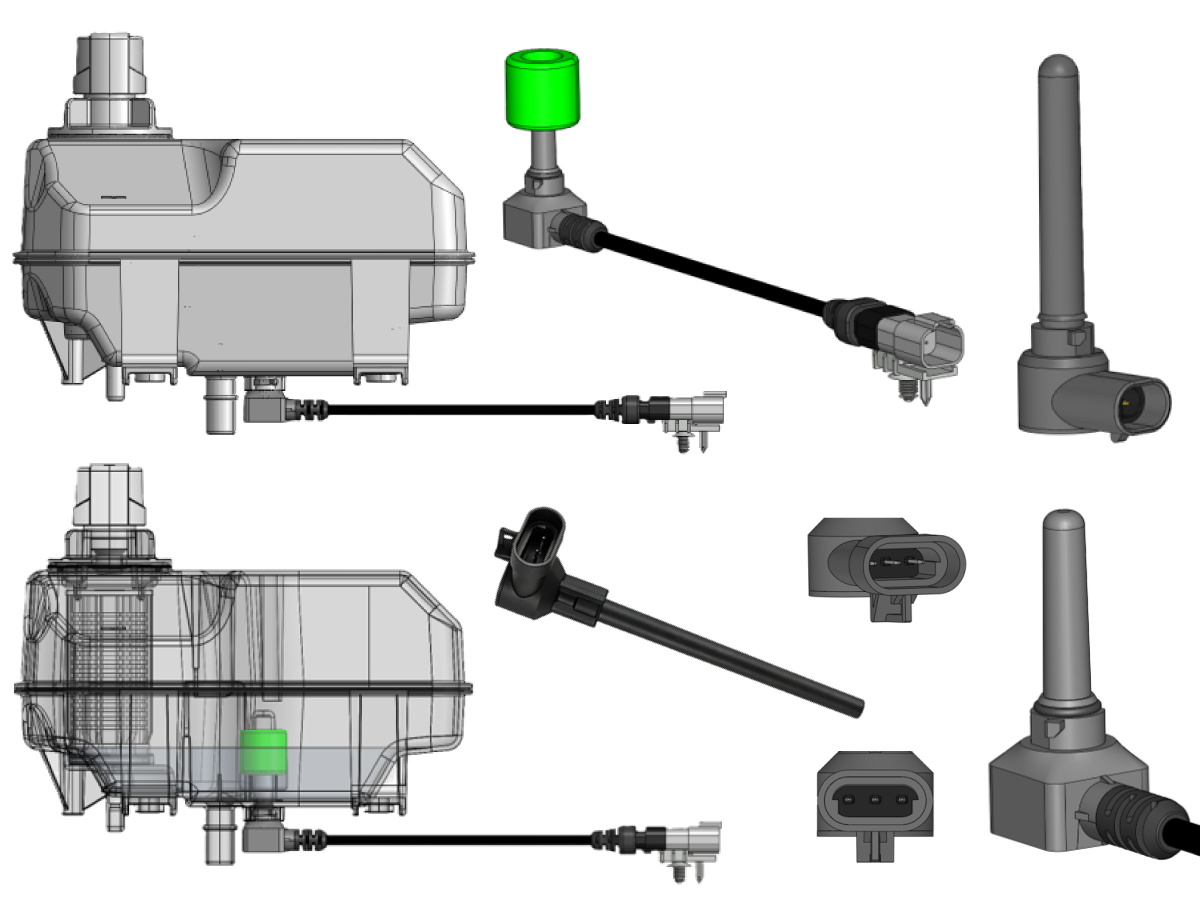 Technical drawings of an electronic device with a green component, power cables, connectors, and an antenna—shown from multiple angles and close-ups—are featured, highlighting its integration within EV sensing systems. by Standex Detect