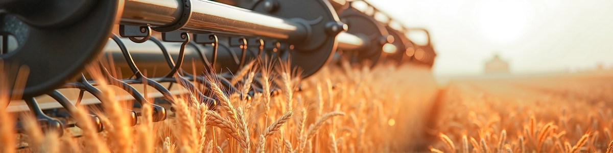 Close-up of a combine harvester cutting golden wheat in a sunlit field, with focus on the machine's cutting blades and wheat stalks in the foreground—highlighting hall effect applications that enable precise monitoring of blade speed and efficiency during harvesting. by Standex Detect