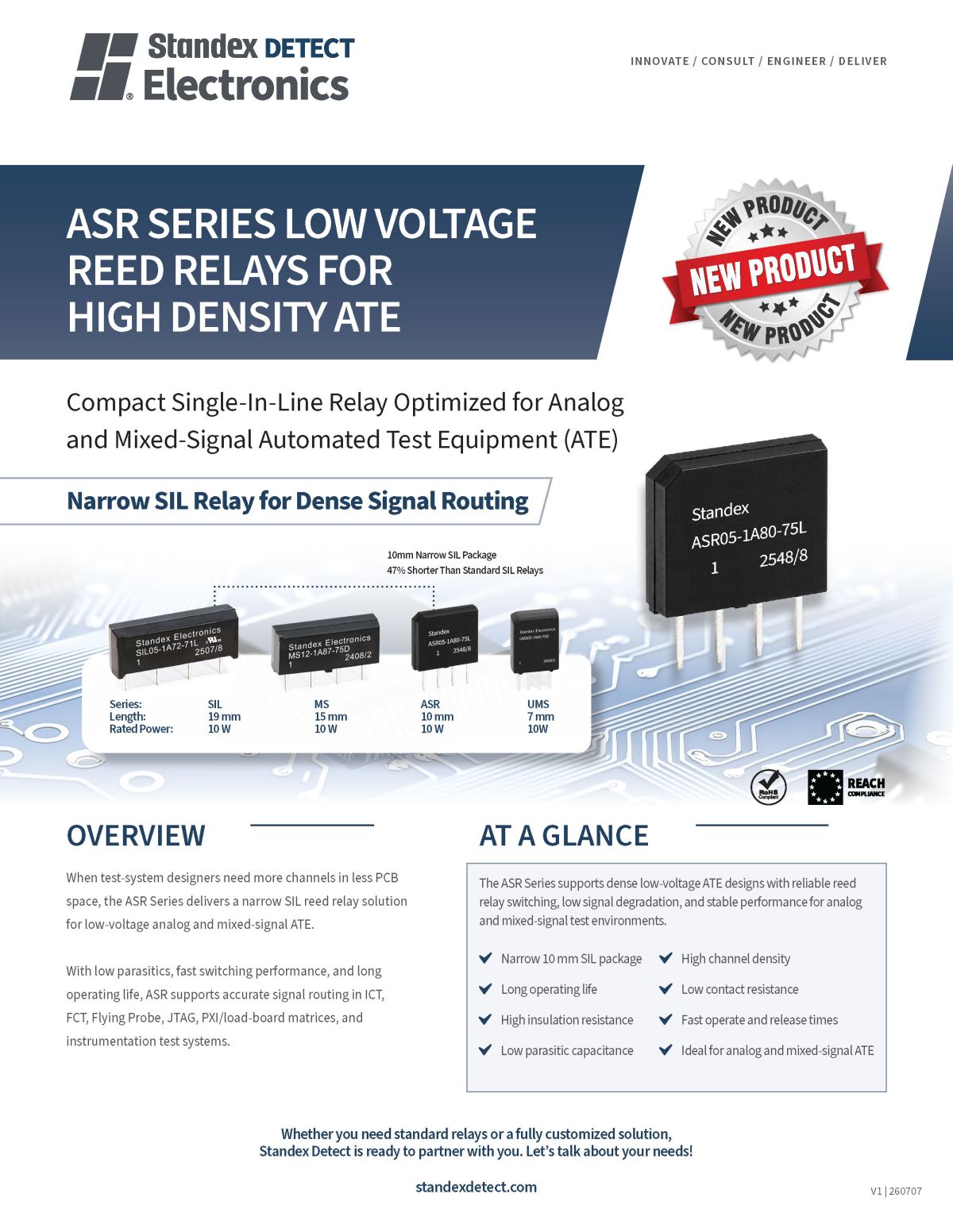 ASR series low voltage reed relays by Standex Electronics are shown on a blue circuit board with product features, relay images, and technical data for high-density switching and signal routing. by Standex Detect