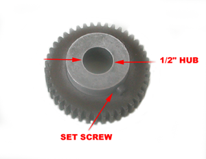A metal gear with labeled arrows pointing to a 1/2 hub at the center and a set screw on the side, ideal for applications that involve selecting the appropriate Hall Effect sensor and target magnet for precise positioning. by Standex Detect