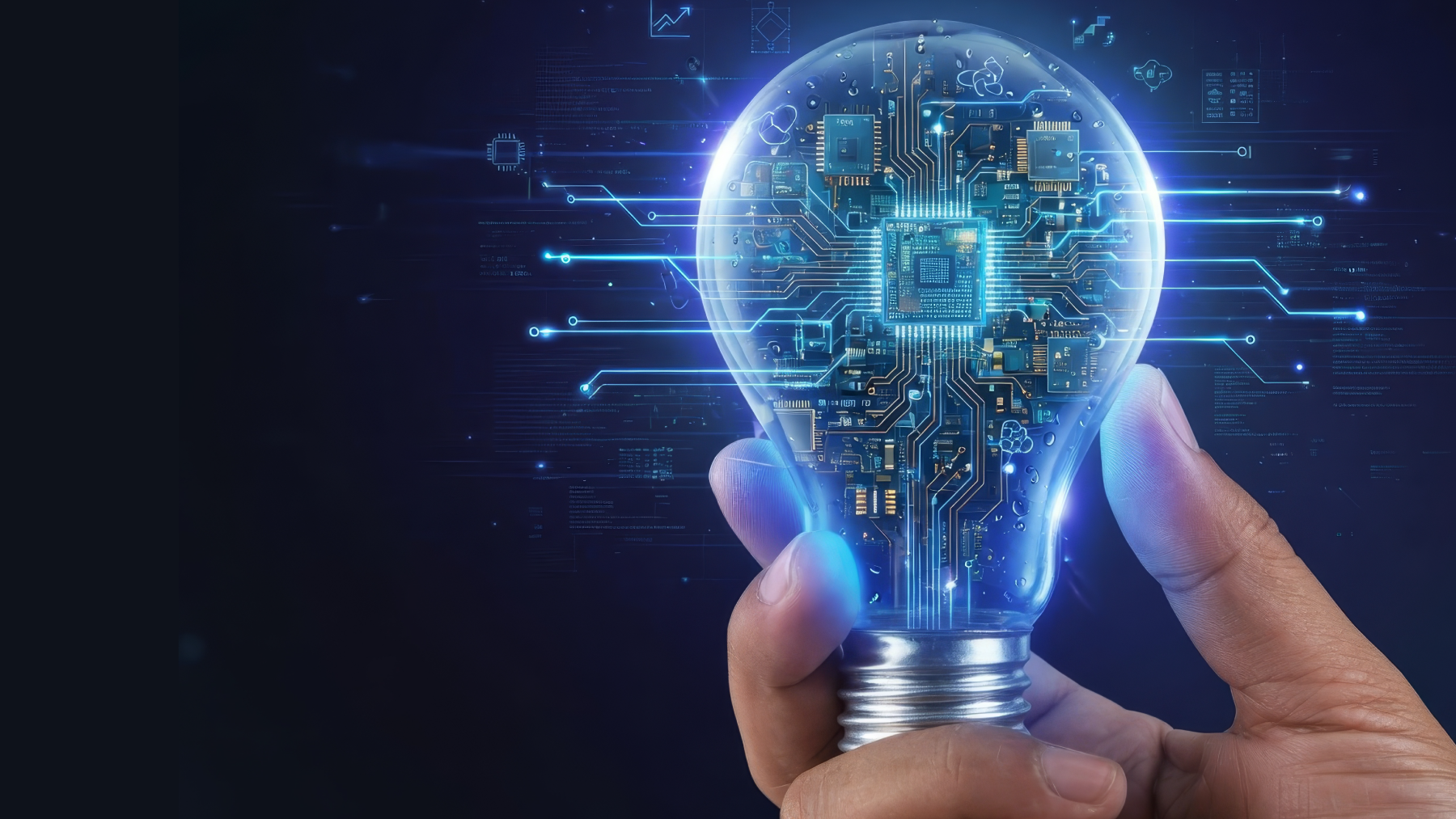 A hand holds a glowing light bulb filled with digital circuit patterns, symbolizing technology and innovation, while Standex Detect references are subtly integrated into the design against a dark background with data and network graphics. by Standex Detect