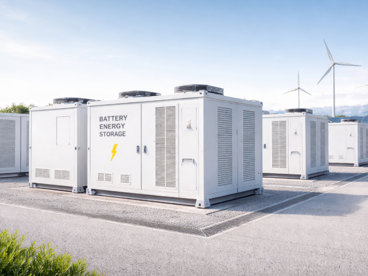 Several large white battery energy storage units are arranged outdoors on pavement, with wind turbines and a clear blue sky in the background, suggesting a renewable energy facility where BESS insulation monitoring plays a crucial role in ensuring operational safety and efficiency. by Standex Detect