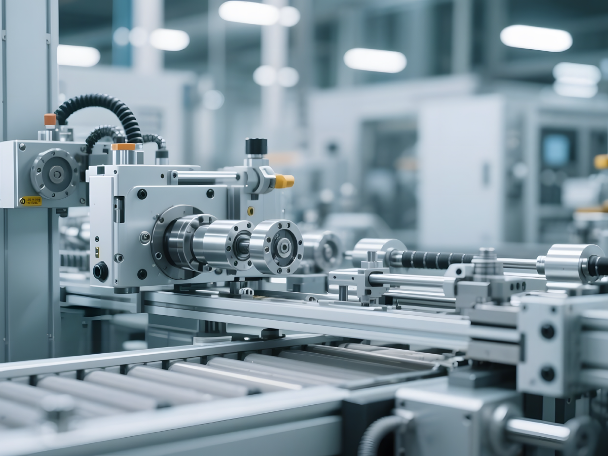 A modern industrial machine with metal rollers and precision components in a bright, clean factory setting, showcasing advanced manufacturing technology and integrated custom sensor solutions. by Standex Detect