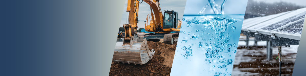 A collage showing a construction excavator, splashing water, and solar panels in a snowy field—each separated by faded diagonal lines—illustrates the diverse possibilities of application-specific sensing across varying environments. by Standex Detect