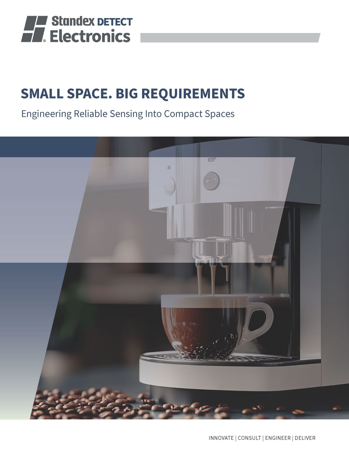 A modern coffee machine dispensing coffee into a cup, with branding for Standex DETECT Electronics and the slogan Small Space. Big Requirements.. by Standex Detect