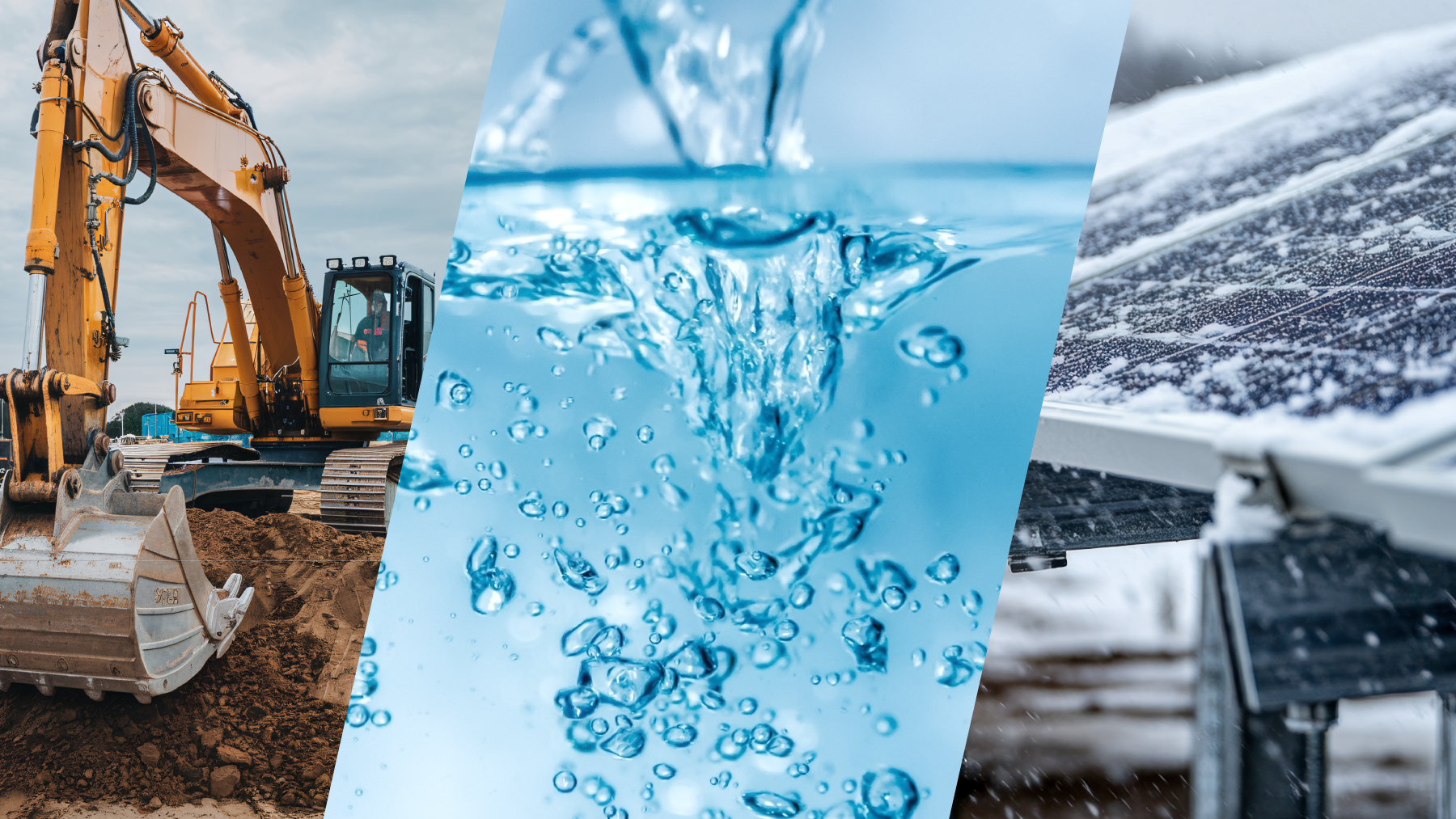 A collage showing an excavator on dirt, splashing water with bubbles, and solar panels with snow—enhanced by advanced Standex Detect technology—representing construction, water, and renewable energy. by Standex Detect