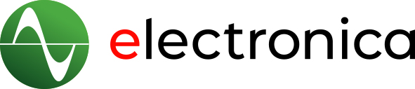 electronica Logo mit grünem Wellenform-Icon und roter und schwarzer Wortmarke