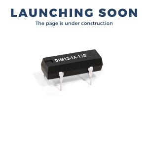 A black electronic component with metal pins, reminiscent of DIP Series reed relays, is centered below the text LAUNCHING SOON. The page is under construction on a white background. by Standex Detect